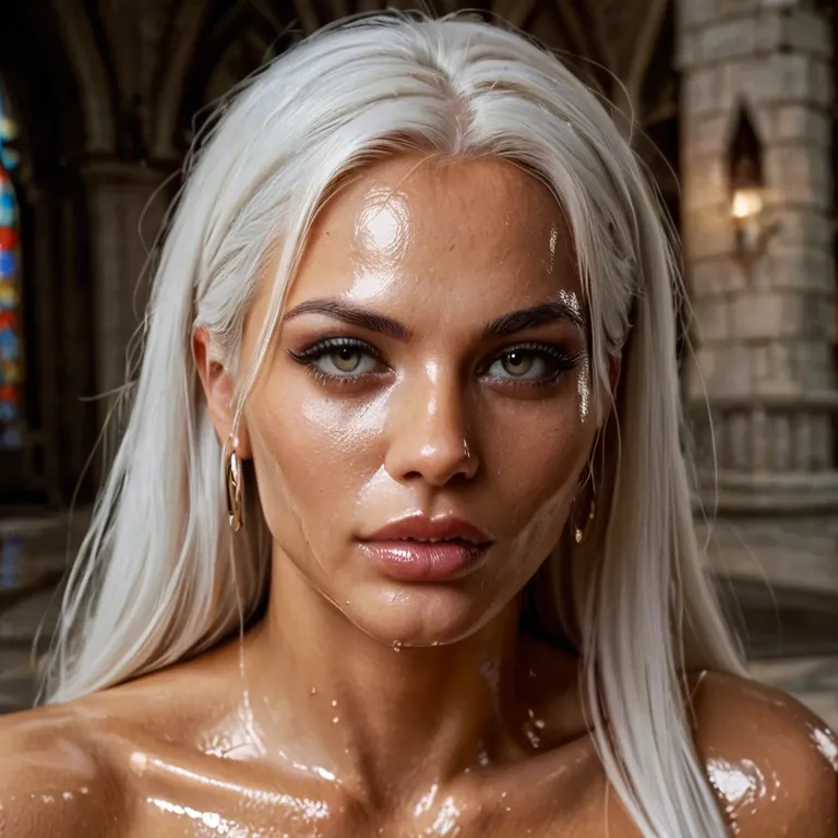 White hair, tanned, oiled up, castle