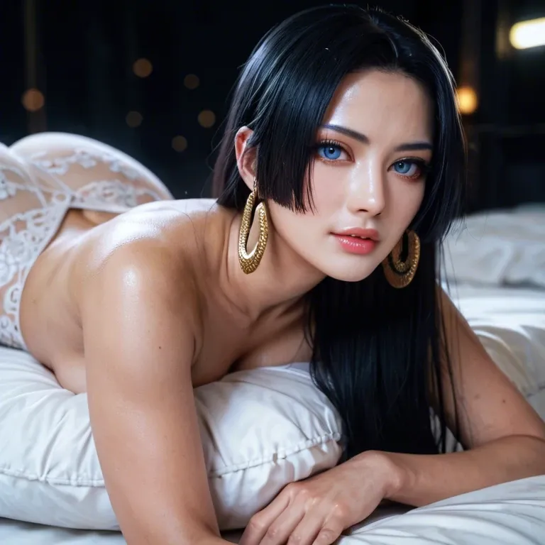 Dark night,, dark lighting,, Ultra realistic photo, Boa-Hancock hair, smooth skin, golden ratio face Korean, pale white Korean-Boa-Hancock ,cute feminine face, detailed light blue eyes,  laying on stomach, having sex front view huge breasts, up close, goth