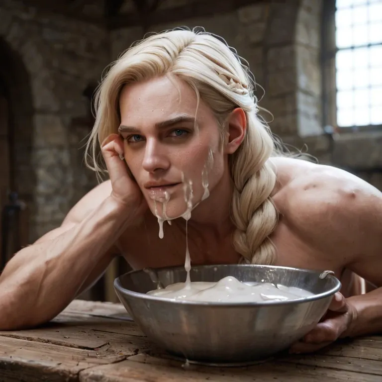 extreme close up view, man's hands in view, man pushing blonde's face into huge bowl of cum. Medieval dungeon.