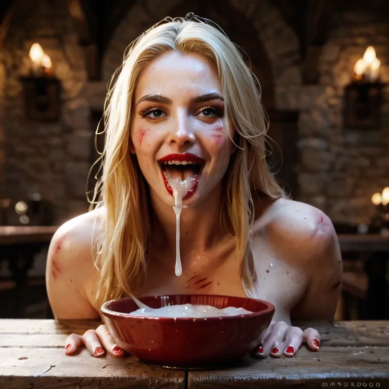 medium shot. medieval dungeon Sitting at table with a big bowl of thick cum. Mouth open, showing it full of cum, dripping over lip.  Bruised blonde, covered in filth, red lipstick, naked, happy, Gorgeous, beautiful, blonde, blue eyes, blue mascara running. 8 men in background, cheering, clapping.