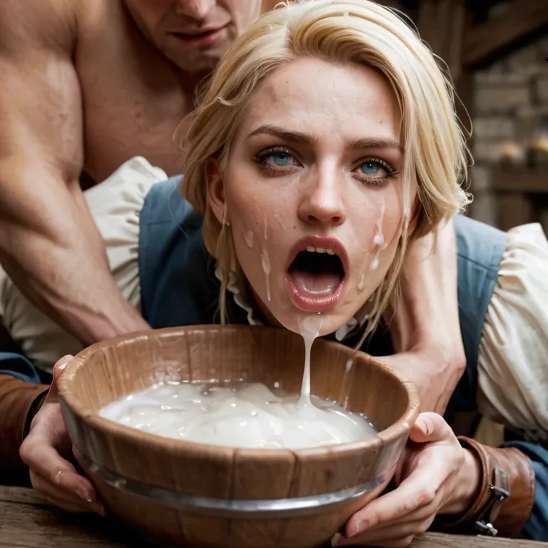 extreme close up view, man's hands in view, 2 men pushing blonde's face into huge bowl of cum. Medieval dungeon. Blonde screaming