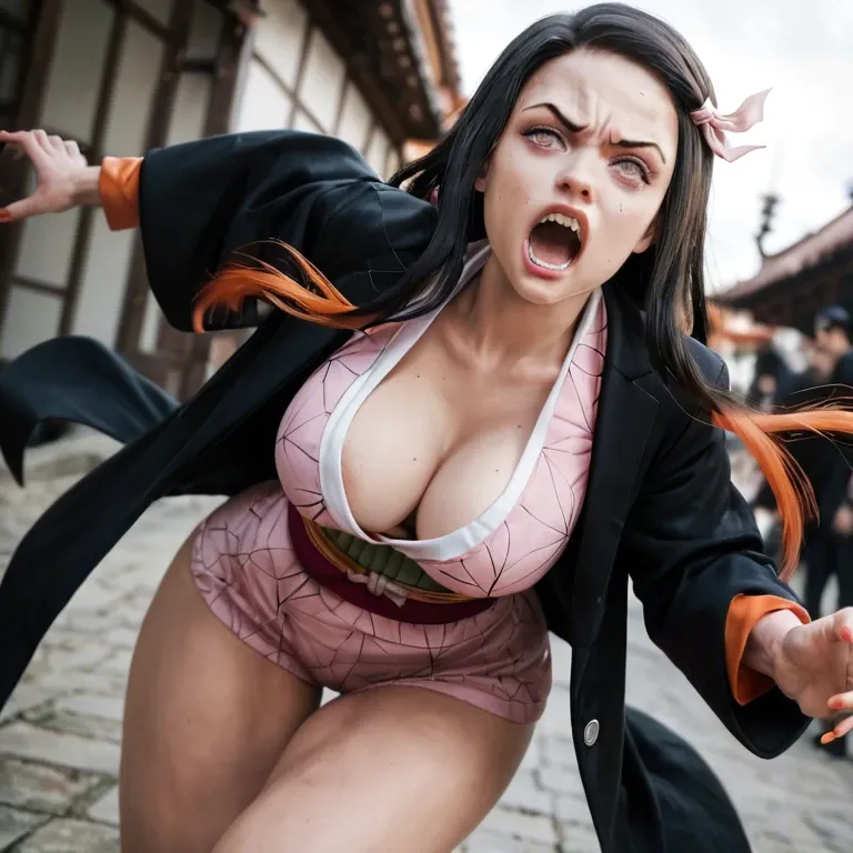 nezuko kamado is a character from kimetsu no yaiba anime she dressed pink kimono under black coat,she is so angry and screaming of rage,have big breasts and big ass and big hip,fighting by a male green goblin in frost,standing,dressed