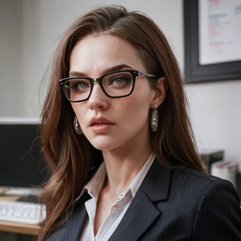 Nerdy pale white girl, brunette hair,  button nose, black framed glasses, silver hooped earrings,office attire, woman restrained and bred by massive mechanical contraption with phallic devices and semen tanks