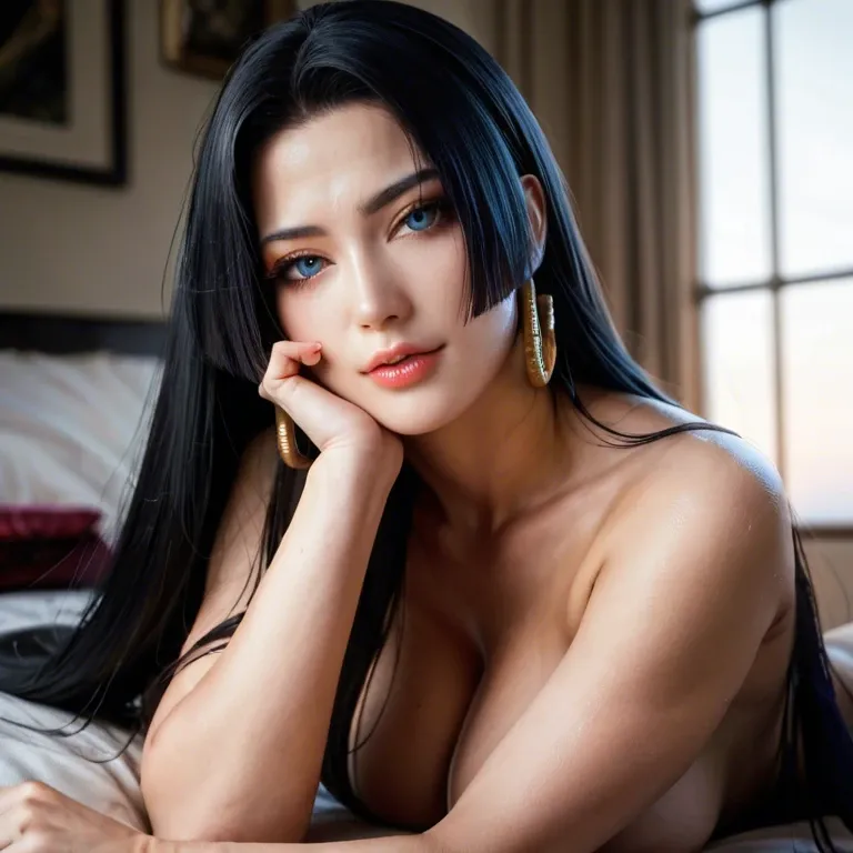 Dark night blue lighting, Ultra realistic photo, Boa-Hancock hair, smooth skin, golden ratio face Korean, pale white Korean-Boa-Hancock, cute feminine face detailed light blue eyes, feet bottom view naked curvy body massive breasts