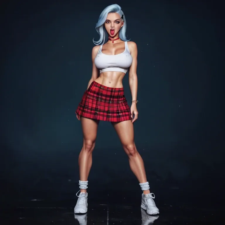 high cheekbones,shiny tongue,large breast,flat stomach,skinny girl, full lips,round tits,hip,trixie tang,anklets,white sneakers, plaid skirt,baggy socks,red choker,tank top lift,platform heels, kitchen