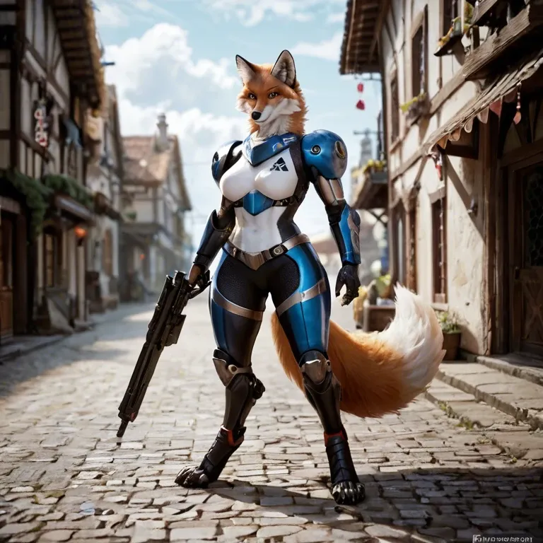 Furry, anthro, full body, Battle robot fox, female only, white body, blue eyes, in village