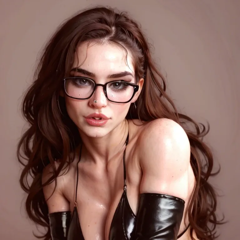 Nerdy pale white girl, brunette hair,  button nose, black framed glasses, black latex bikini, dark dim lit shed backdrop, woman seductively sucking the bottom of a pair of black ballsack, looking at viewer, hdr, 4k, realism, masterpiece