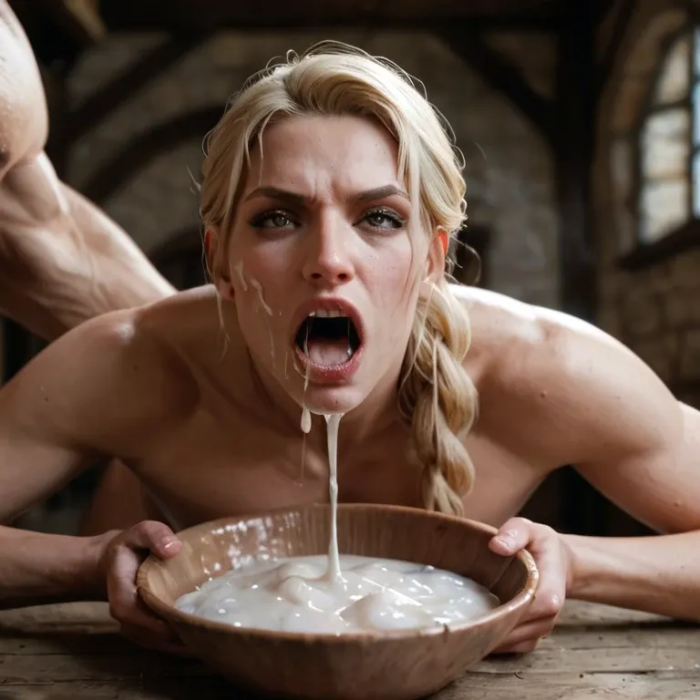 extreme close up view, man's hands in view, 2 men pushing blonde's face into huge bowl of cum. Medieval dungeon. Blonde screaming