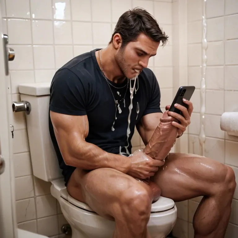 man, toilet, sitting, wanking, extreme cock, masturbation, excessive cum, phone, drenched