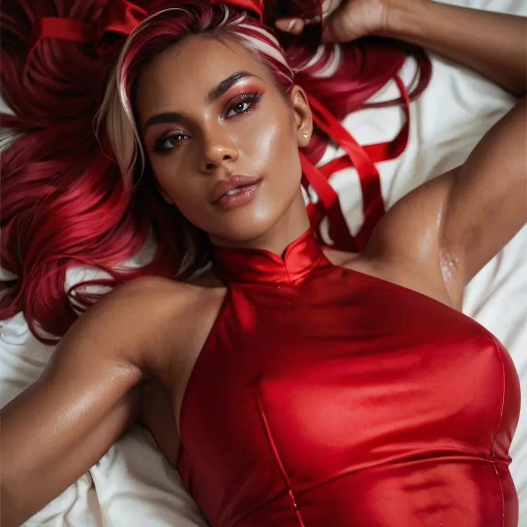 eye-level angle, up-close, female, red vibrant hair, tan skin, dimples, wearing a red ribbon dress, laying on the floor on a red sheer sheet, surrounded by several red ribbons and bows, multiple presents in the background in festive colors such as red, go