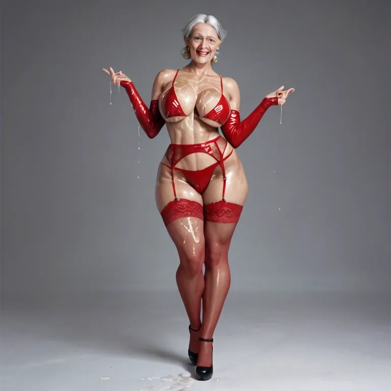 big breasted granny,big hips,futanari,oiled,bukkake,standing,full body,red stockings,garter belt.