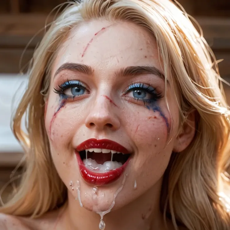 close view cum squirting out of cunt into woman's mouth. wooden medieval bath full of thick cum. Super happy, laughing,  gorgeous, beautiful blonde, blue eyes, red lipstick, blue mascara running, cuts and bruises, Legs up and out of bath, wide open, pussy showing,