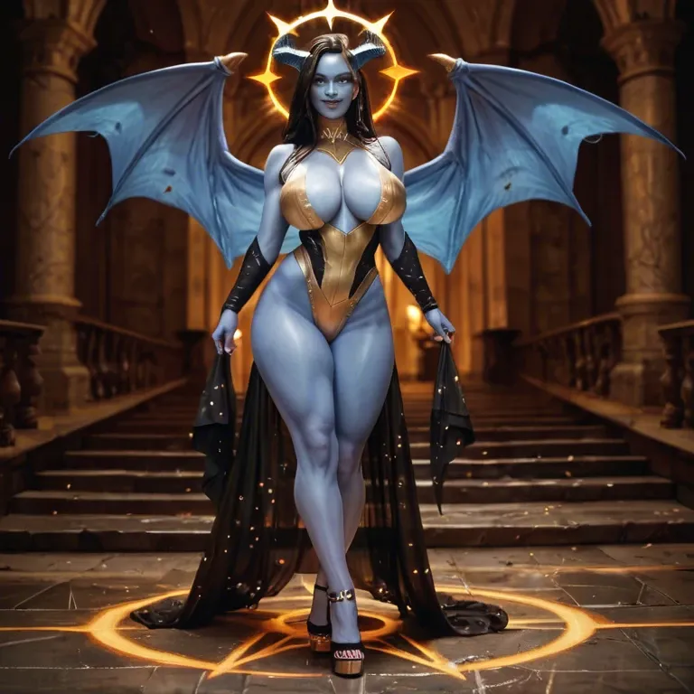 sexy full blue skin demon female, with big horns and fire halo and wings also have big breasts and big ass, without bra, seductively smile, standing, full body