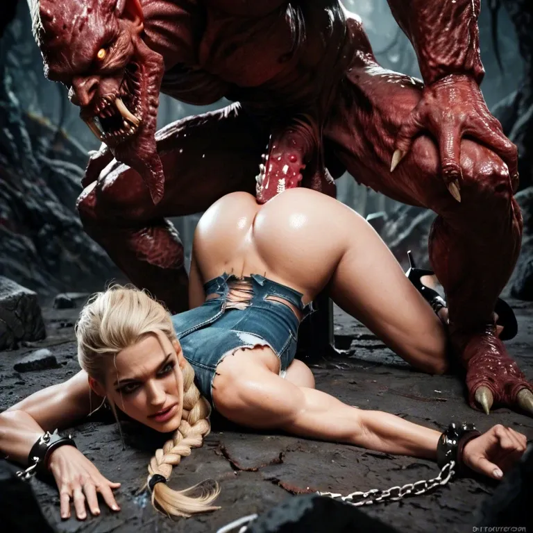 Blonde Braided ponytail, big tits, prisoner, ripped cloth, chained, tied up, hell, monsters, giant spiked penis, anal sex, forced, high heels, ass up