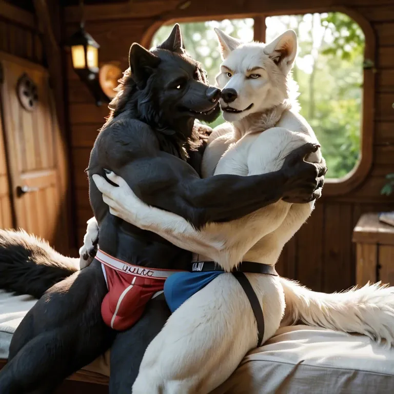 Furry only, anthro, two males, gay, Werewolves, Black fur, White fur, forest cottage, soft lighting, inside, cuddling, embrace, Jockstrap only, bulge