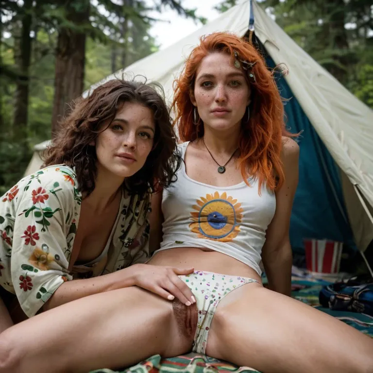 2girl, 70s, yellow photo filter, hippie, psychedelic, shirt, panties, pretty, petite, hairy pussy, freckles, messy unwashed hair, lesbians, cute, shy, camping with tents, forest