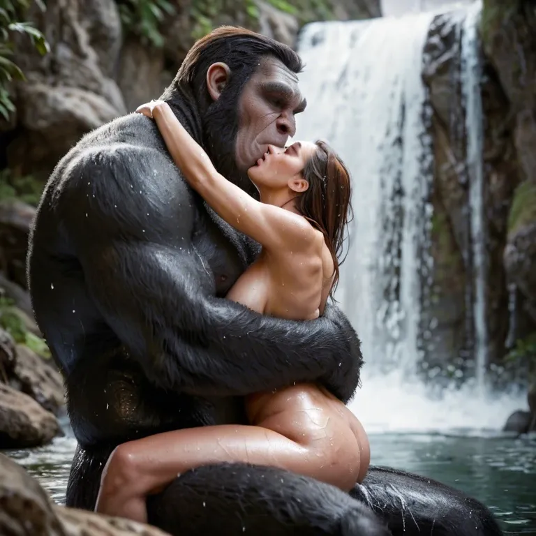 Huge size difference, side view, head up, orgasm, waterfall,wet bodies, hugging,Nude,giant gorilla monster fuck passionate bbw, cowgirl, leg spread,back arch, gorilla sitting,long brown hair,detail cock, detail body, detail woman face, detail gorilla face