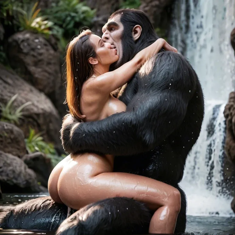 Huge size difference, side view, head up, orgasm, waterfall,wet bodies, hugging,Nude,giant gorilla monster fuck passionate bbw, cowgirl, leg spread,back arch, gorilla sitting,long brown hair,detail cock, detail body, detail woman face, detail gorilla face