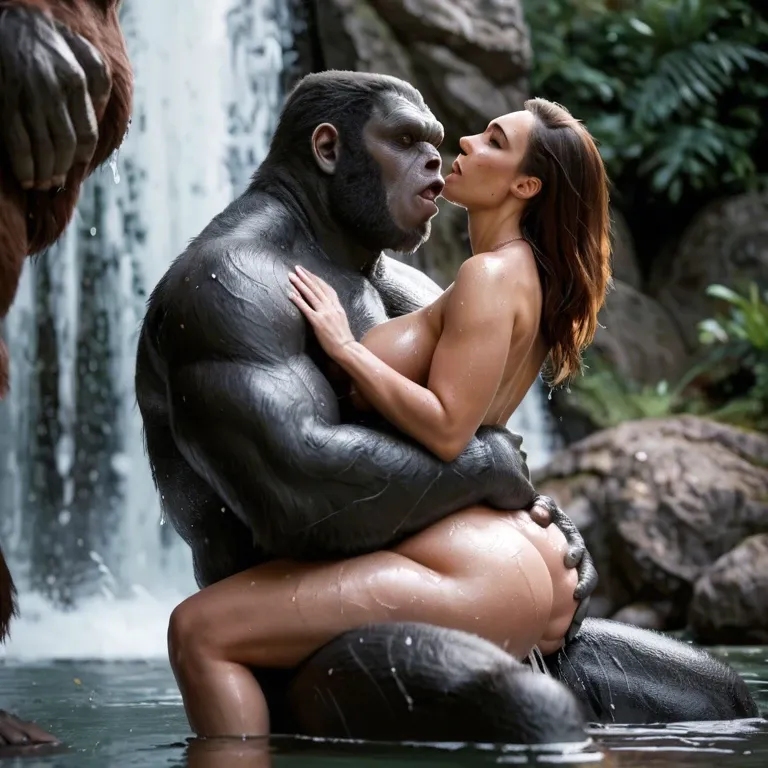 Huge size difference, side view, head up, orgasm, waterfall,wet bodies, ass grabbing,Nude,giant gorilla monster fuck passionate bbw, cowgirl, leg spread,back arch, gorilla sitting,long brown hair,detail cock, detail body, detail woman face, detail gorilla face