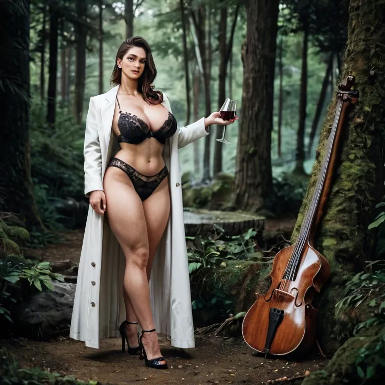 Wine bottle, White Coat,  curvy, belly, slut, forest, villa, face closer-up, face good to see, make-up, high heels, slut-black lingerie, thongs, curvy, belly, normal tits, big face, belly, angular face, edged face, forest home