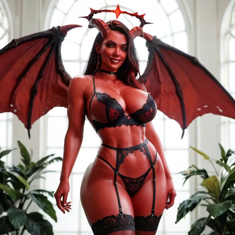 beautiful sexy full red skin demon with big horns and fire halo and wings also have huge natural breasts and huge ass wearing sexy lingerie, seductive smile, standing, front view