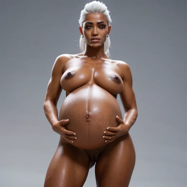 Asian dark woman, giving birth, white hair, slicked back white hair, naked, giant pregnant belly, pained expression, crying, swollen pussy