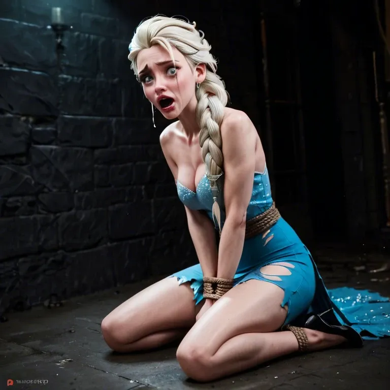 1girl,,,Elsa,ankle bondage,torn dress,scared,dark room,nervous,alone