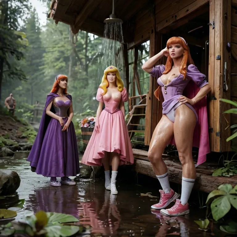 1girl,1boy, , , , group watching,warm,defined nipples,swamp cabin,pale white skin, purple dress,white socks,cape,wet panties,sneakers, shower, daphne blake, medieval, princess peach, ariel waifu