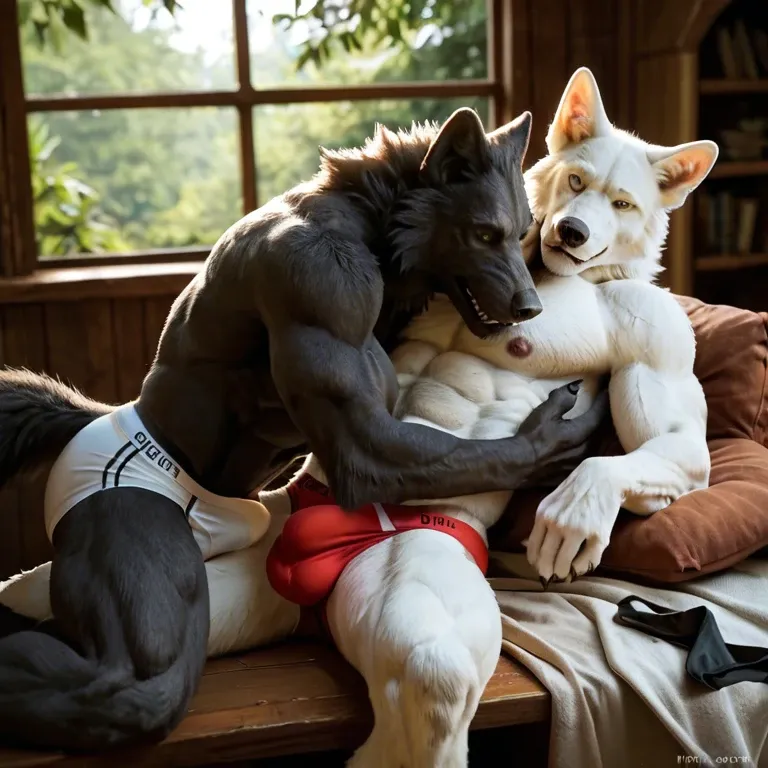 Furry only, anthro, two males, gay, Werewolves, Black fur, White fur, forest cottage, soft lighting, inside, cuddling, embrace, underwear only, bulge