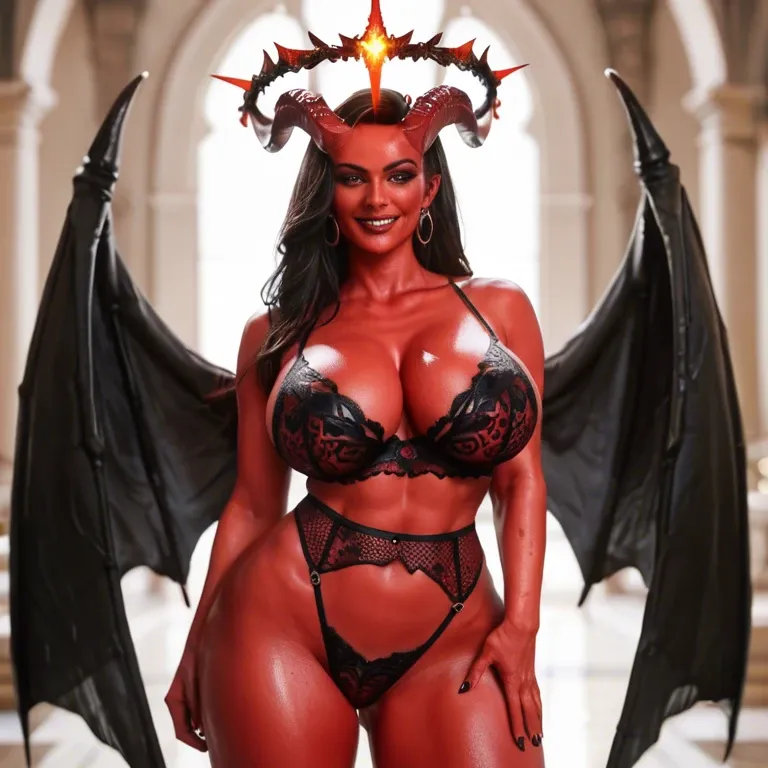 beautiful sexy full red skin demon with big horns and fire halo and wings also have huge natural breasts and big hip and huge ass wearing sexy lingerie, seductive smile, standing, front view