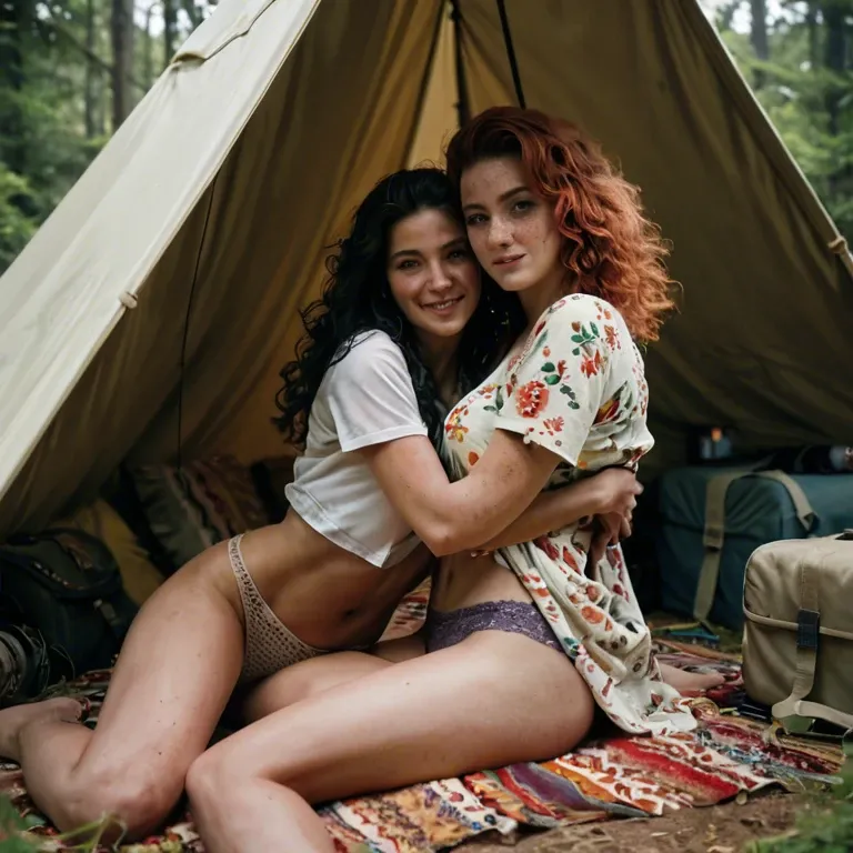 2girl, 70s, yellow photo filter, hippie, psychedelic, beautiful, shirt, panties, pretty, petite, hairy pussy, freckles, messy unwashed hair, lesbians, cute, hugging, camping with tents, forest