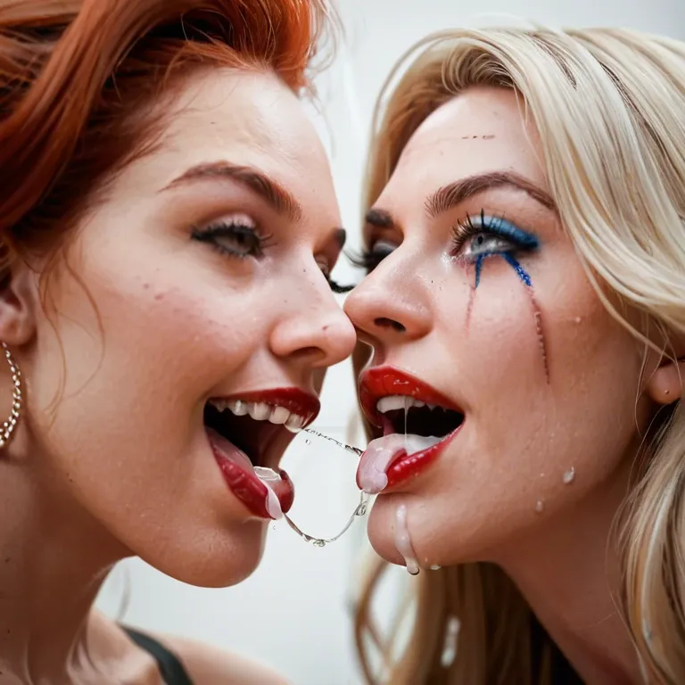 2 women, blonde and auburn. close view cum squirting out of pussy into auburn woman's mouth.  Super happy, laughing,  gorgeous, beautiful blonde, blue eyes, red lipstick, blue mascara running, cuts and bruises