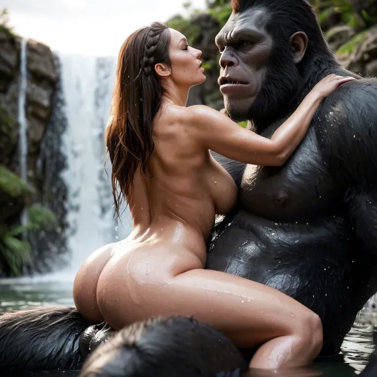 Huge size difference, side view, head up, orgasm, waterfall,wet bodies, ass grabbing,Nude,giant gorilla monster fuck sexy bbw, cowgirl, leg spread,back arch, gorilla sitting,long brown hair,detail cock, detail body, detail woman face, detail gorilla face