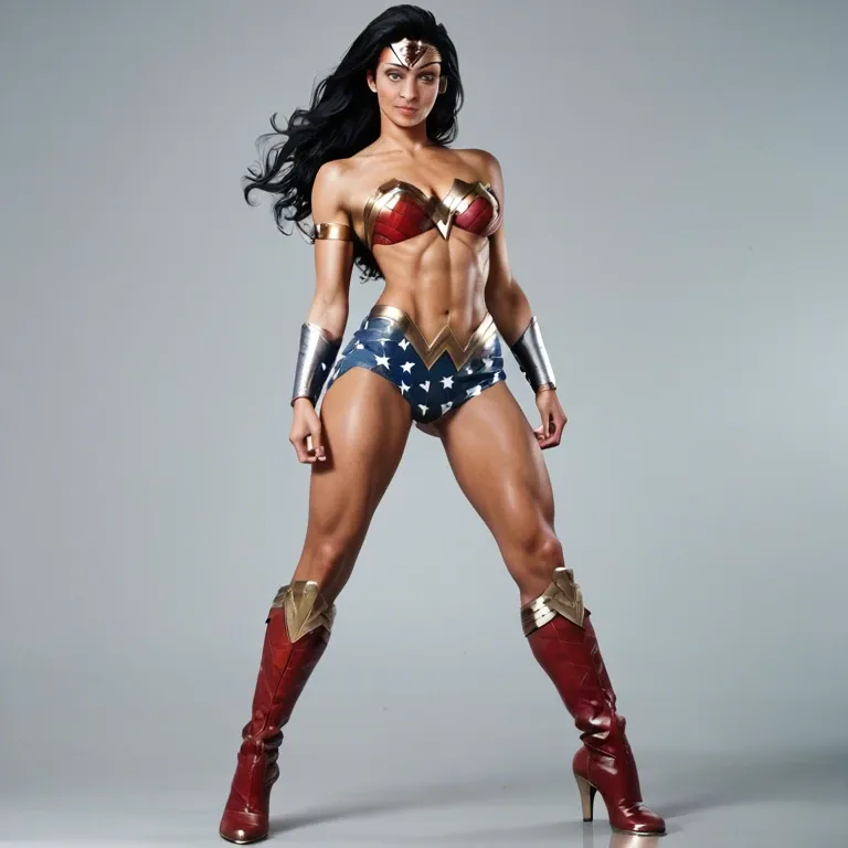 Freckles,petite body,skinny,long legs,Egyptian,long hair,high boots,wonder woman outfit