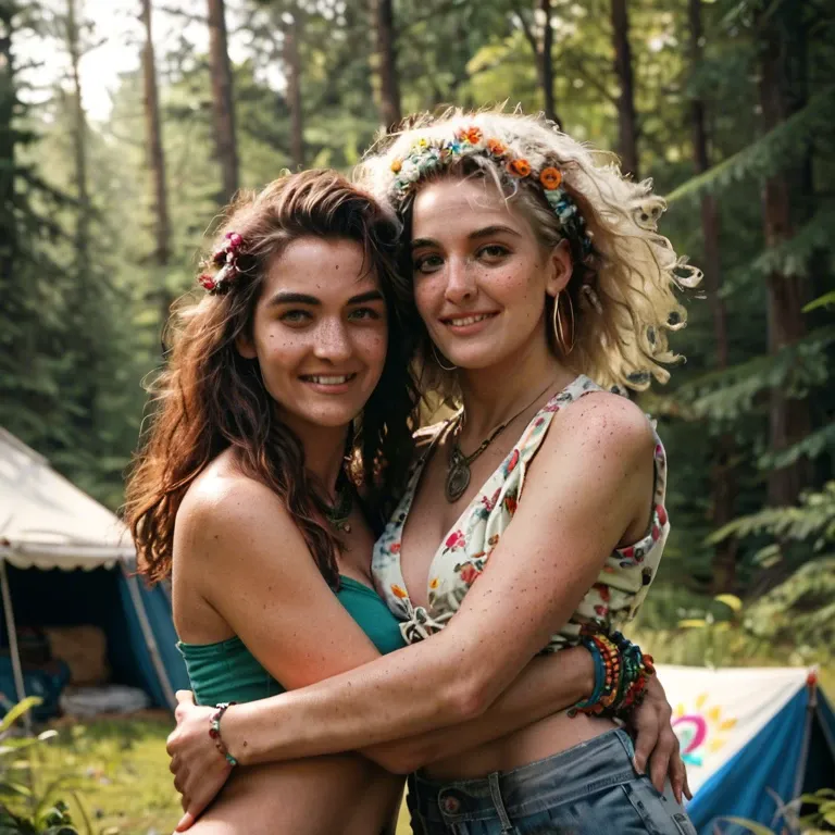 2girl, 70s, yellow photo filter, hippie, psychedelic, adorable, charming, pretty, petite, hairy, freckles, messy unwashed hair, lesbians, cute, hugging, grabbing butt, camping with tents, forest