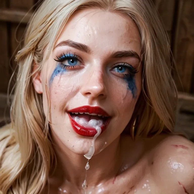 close view cum squirting out of cunt into woman's mouth. wooden medieval bath full of thick cum. Super happy, laughing,  gorgeous, beautiful blonde, blue eyes, red lipstick, blue mascara running, cuts and bruises, Legs up and out of bath, wide open, pussy showing,