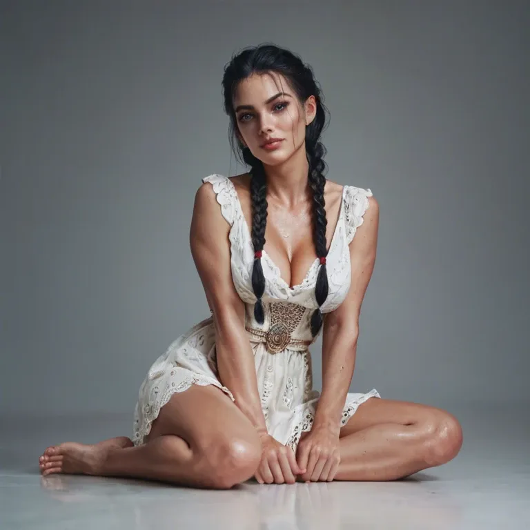 woman, braided hair, black hair, full body, sitting