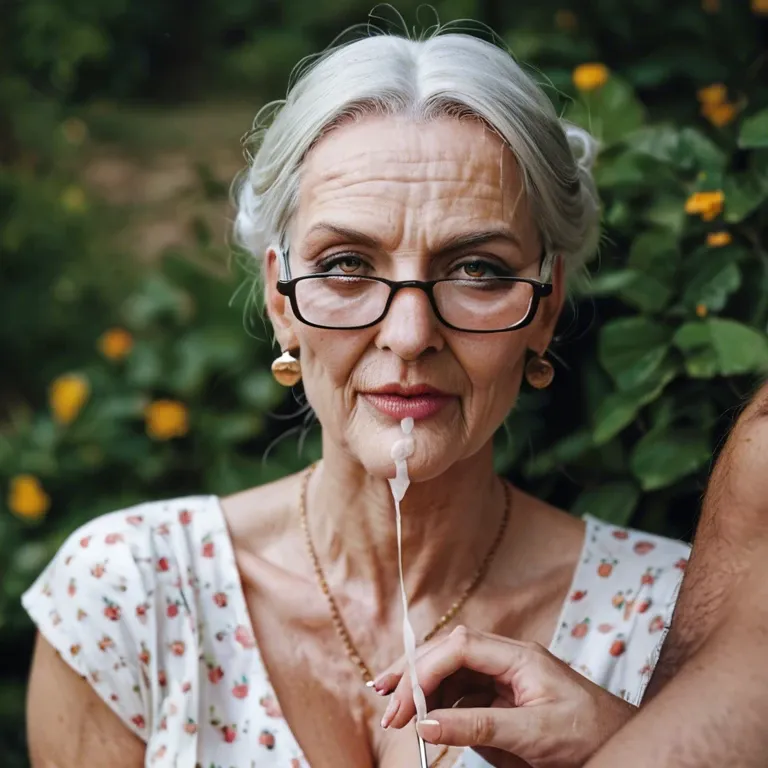 Granny woman sewing with glasses cumshot facial