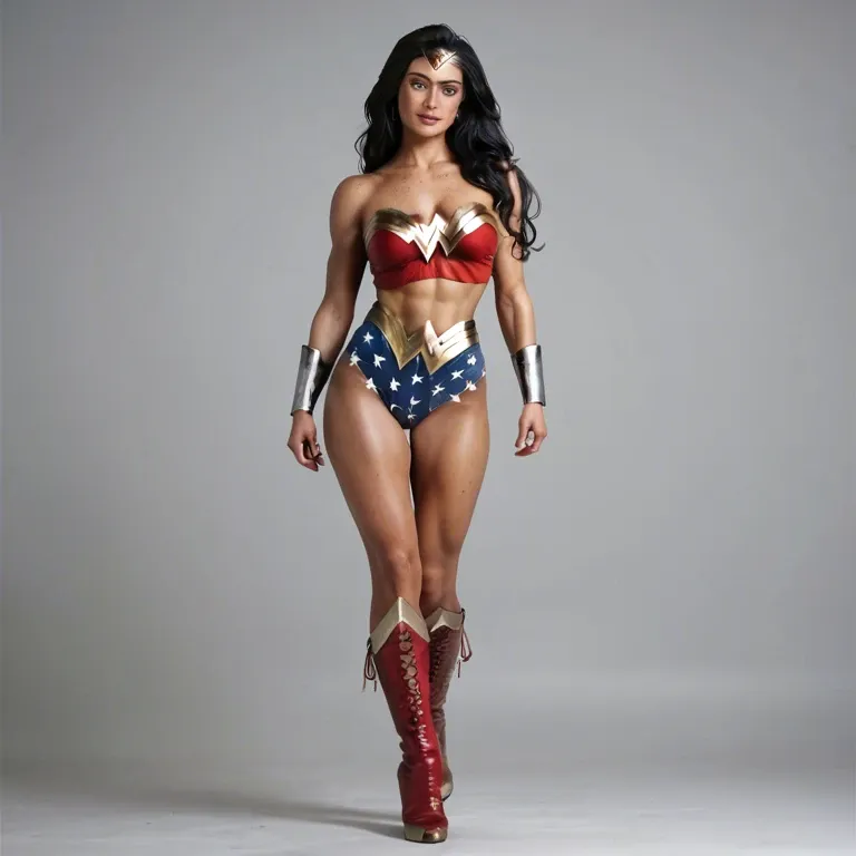 Freckles,petite body,skinny,long legs,Egyptian,long hair,high boots,wonder woman outfit