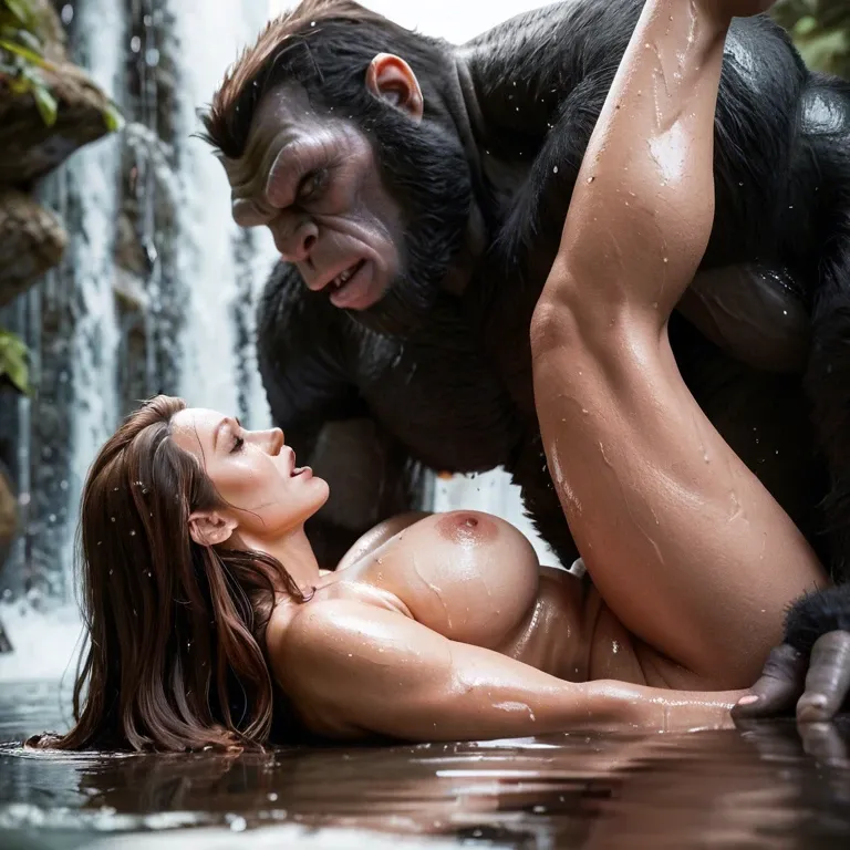 Huge size difference, elbow, side view, waterfall,wet bodies,Nude,giant gorilla monster fuck sexy bbw, passionate missionary sex,long brown hair,detail cock, detail body, detail woman face, detail gorilla face