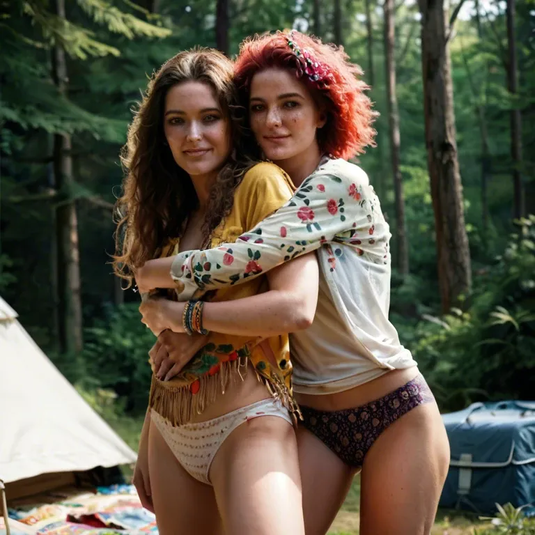 2girl, 70s, yellow photo filter, hippie, psychedelic, beautiful, shirt, panties, pretty, petite, hairy pussy, freckles, messy unwashed hair, lesbians, cute, hugging, camping with tents, forest