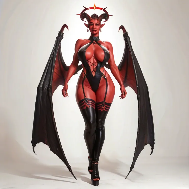 sexy full red skin demon female, with big horns and fire halo and wings also have big breasts and big ass, without bra, seductively smile, standing, full body