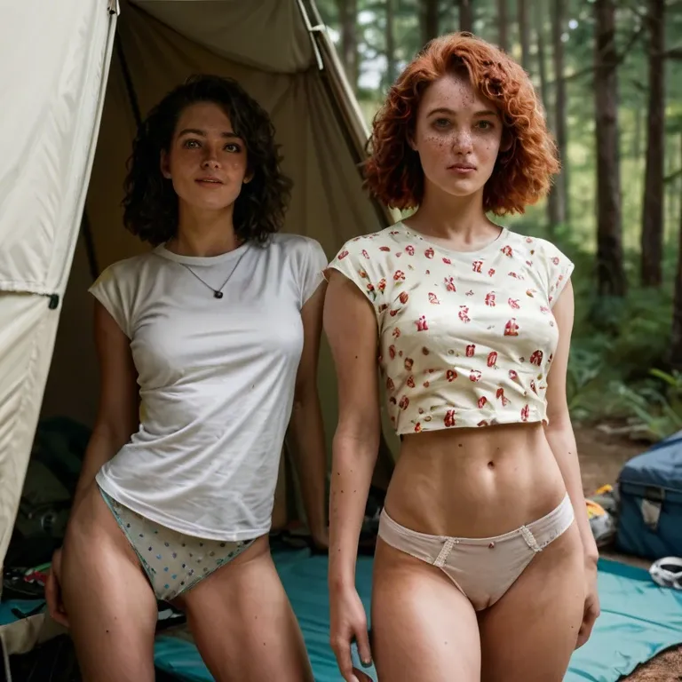 2girl, 70s, yellow photo filter, hippies, shirt, panties, psychedelic, pretty, petite, hairy pussy, freckles, unwashed hair, lesbians, cute, shy, camping with tents, forest