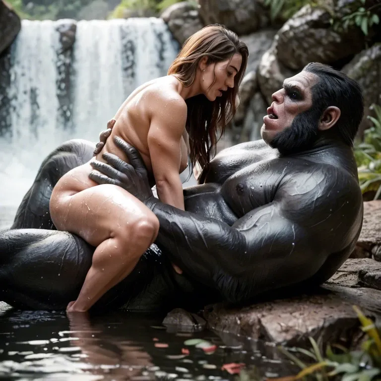 Huge size difference, elbow, side view, waterfall,wet bodies,Nude,giant gorilla monster fuck sexy bbw, passionate missionary sex,long brown hair, massive fat cock,detail cock, detail body, detail woman face