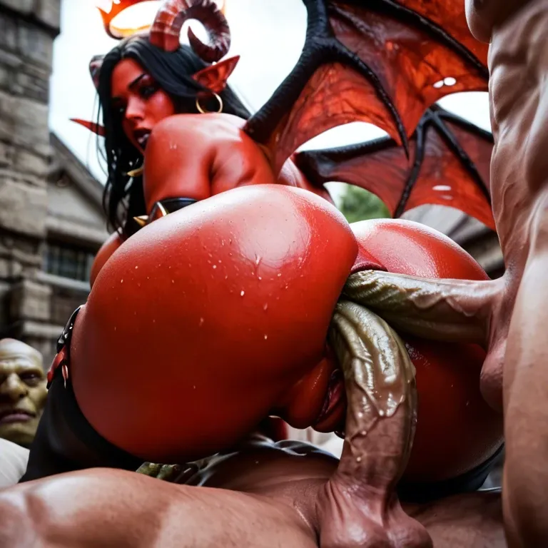 triple penetration anal, full red skin demon female with big horns and fire halo and wings also have big breasts and big ass and puffy pussy, fucked, male goblin green cock, full view