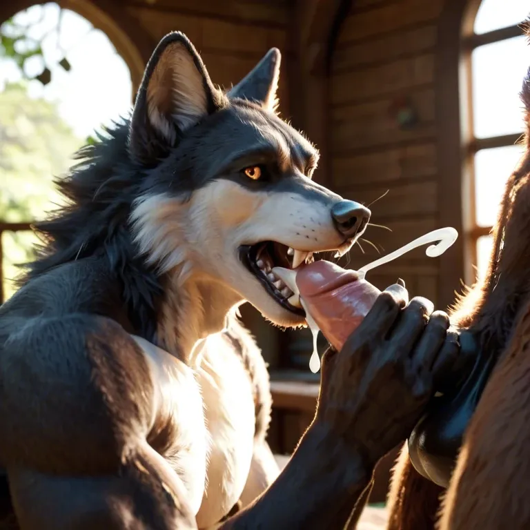 Furry only, anthro, two males, gay, Werewolves, Black fur, White fur, canid penis, big penis, forest cottage, soft lighting, inside, big cumshot, cumshot into mouth