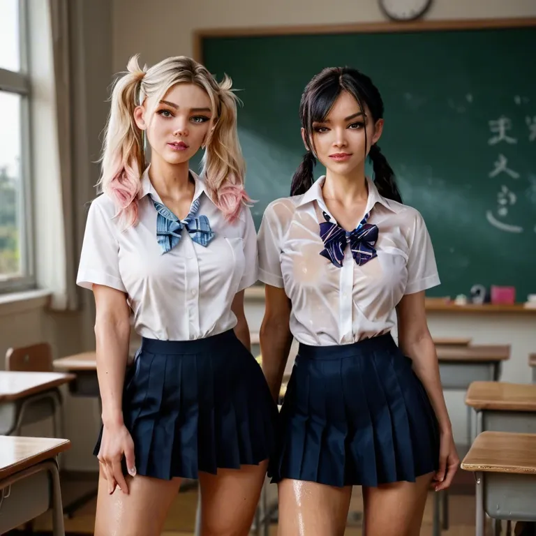 2 Girls, Marin Kitagawa, Gwen Stacy, cosplaying bratty schoolgirls, oiled up, pigtails, skirt, big boobs, school uniform, Japanese classroom