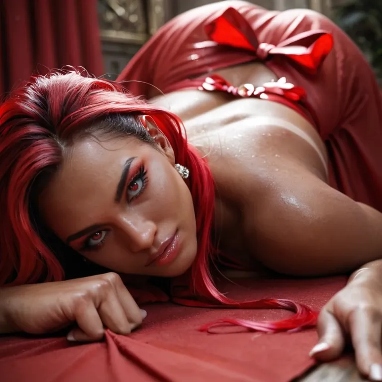 eye-level angle, up-close, female, red vibrant hair, tan skin, dimples, wearing a red ribbon dress, laying on the floor on a red sheer sheet, surrounded by several red ribbons and bows, multiple presents in the background in festive colors such as red, go