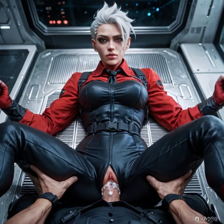 Spaceship, helldiver, tomboy, girl, grabbing boobs, muscular, open flightsuit, missionary,  pov, cum inside, partialy clothed, viewer partialy clothed, viewer grabbing tighs,