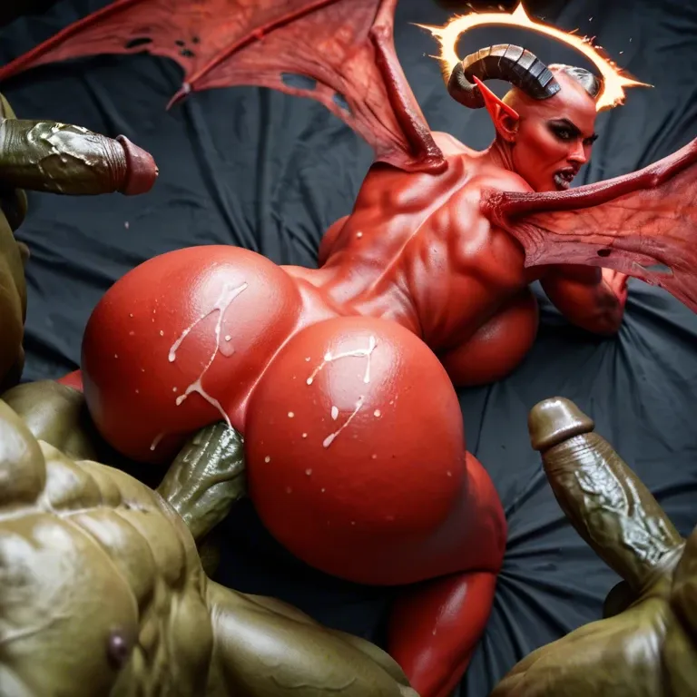 full red skin female devil,fire halo,big wings,big horns,huge breasts,huge ass,very angry,scream of rage,fucked,male goblin green cock,doggy style,anal,bukkake,back view